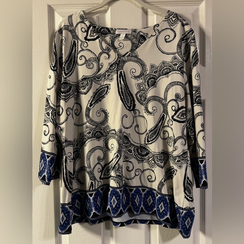 Charter Club, XL (fits like a L), Cream/Black w/RylBlu+Lav end of sleeves.